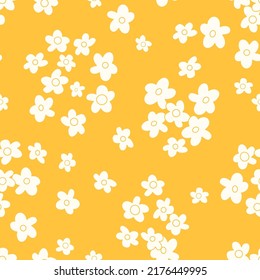 Small scaled hippie seamless vector pattern. Nostalgic retro 60s-70s groovy print. Vintage floral background. Textile and surface design with old fashioned hand drawn naive geometric flowers