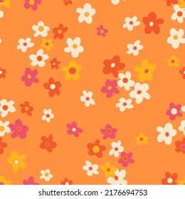 Small scaled hippie seamless vector pattern. Nostalgic retro 60s-70s groovy print. Vintage floral background. Textile and surface design with old fashioned hand drawn naive geometric flowers