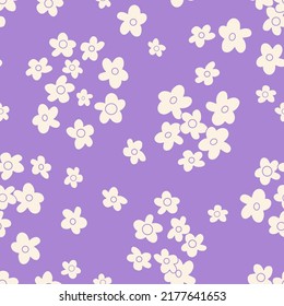 Small scaled hippie seamless vector pattern. Nostalgic retro 60s-70s groovy print. Vintage floral background. Textile and surface design with old fashioned hand drawn naive geometric flowers