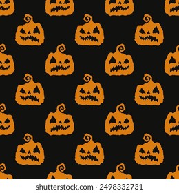 Small scary orange halloween pumpkins isolated on black background. Monochrome seamless pattern. Vector simple flat graphic hand drawn illustration. Texture.
