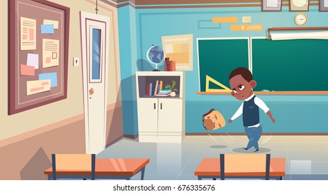 Small School Boy In ClassRoom, African American Elementary Class Student Flat Vector Illustration