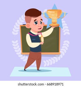 Small School Boy Hold Winner Cup Standing Over Class Board Win Schoolboy Education Banner Flat Vector Illustration