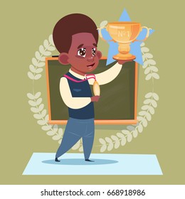 Small School Boy Hold Winner Cup Standing Over Class Board Win Schoolboy Education Banner Flat Vector Illustration