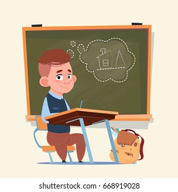 Small School Boy Sit At Desk Over Class Board Schoolboy Education Banner Flat Vector Illustration
