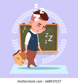 Small School Boy Sleep Tired Standing Over Class Board Schoolboy Education Banner Flat Vector Illustration