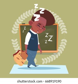 Small School Boy Sleep Tired Standing Over Class Board Schoolboy Education Banner Flat Vector Illustration