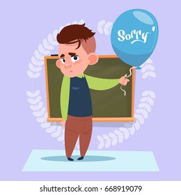 Small School Boy Sorry Standing Over Class Board Schoolboy Education Banner Flat Vector Illustration