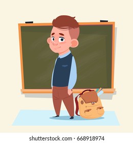 Small School Boy Standing Over Class Board Schoolboy Education Banner Flat Vector Illustration