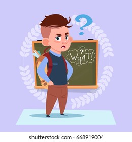 Small School Boy Standing Over Class Board With Question Sign Schoolboy Education Banner Flat Vector Illustration