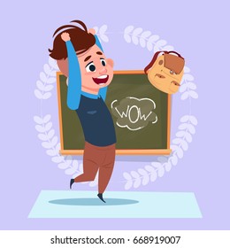 Small School Boy Standing Over Class Board Schoolboy Education Banner Flat Vector Illustration