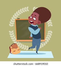 Small School Boy Standing Over Class Board Schoolboy Education Banner Flat Vector Illustration