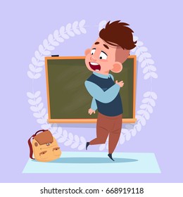 Small School Boy Standing Over Class Board Schoolboy Education Banner Flat Vector Illustration