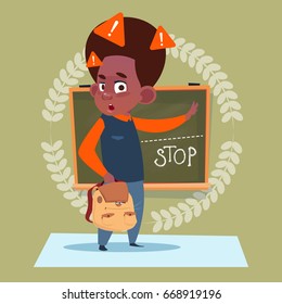 Small School Boy Standing Over Class Board With Stop Sign Schoolboy Education Banner Flat Vector Illustration
