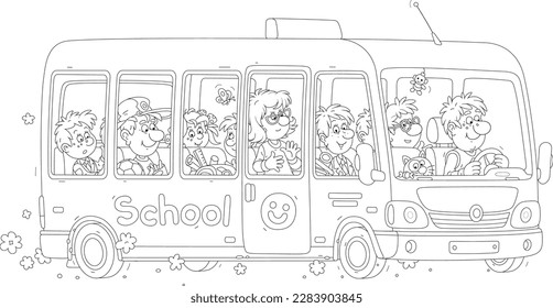 Kleiner Schulbus mit einem lächelnden Fahrer und lauter Begleitung von lustigen kleinen Kindern Passagieren, schwarz-weißer Vektorgrafik für eine farbige Buchseite