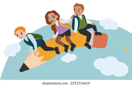 Small school children on flying pencil in sky