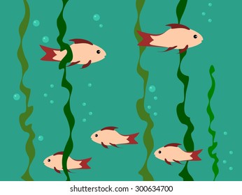 The small school of fish under water. Five fish with red fins in green water among algae.