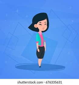Small School Girl Asian, Cartoon Schoolgirl Student Flat Vector Illustration