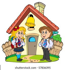 Small school with kids in uniforms - vector illustration.