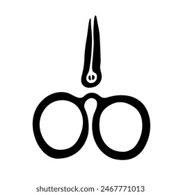 Small scissors. Black and white Icon. Hand drawn vector illustration on white background.