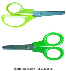 Small scissors for cutting paper. Scissors with green plastic handles and steel blades. Office scissors. Children's scissors for creativity.
