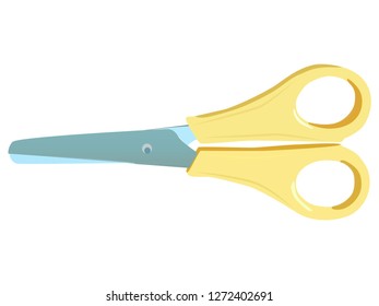Small scissors for cutting paper. Scissors with yellow plastic handles and steel blades. Office scissors. Children's scissors for creativity.