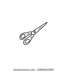 Pequeñas tijeras para papel con asa de plástico en negro aislado sobre fondo blanco. Dibujado a mano ilustración de boceto de Vector en estilo de arte de línea vintage grabado doodle. Equipo escolar.
