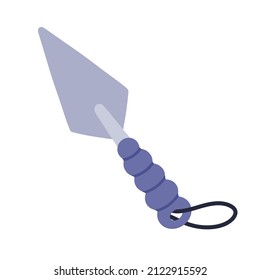 Pequeña primicia para el icono del vector del jardín. Ilustración dibujada a mano aislada sobre fondo blanco. Herramienta metálica con una hoja triangular, asa rayada en una cuerda. Trowel para cuidado del suelo, trabajo agrícola. Estilo plano  