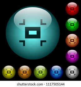 Small screen icons in color illuminated spherical glass buttons on black background. Can be used to black or dark templates