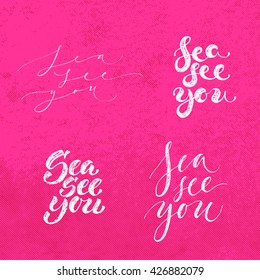 Small sea handdrawn lettering set. Modern calligraphy. Ink illustration. Design for banner, poster, card, invitation, flyer, brochure, t-shirt. Isolated on textured color  abstract background