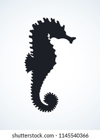 Small Sea Horse on light backdrop. Dark ink hand drawn funny sealife pet logotype emblem insignia sketchy in retro contour print style.  Closeup side detail view with space for text