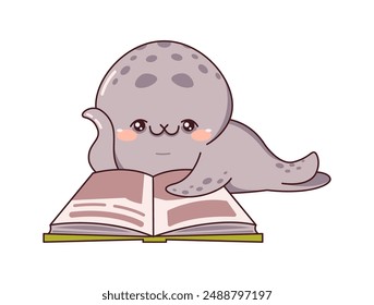 Small seal comfortably lying with open textbook on white background. Flat color vector image captures kawaii essence of animal enjoying reading