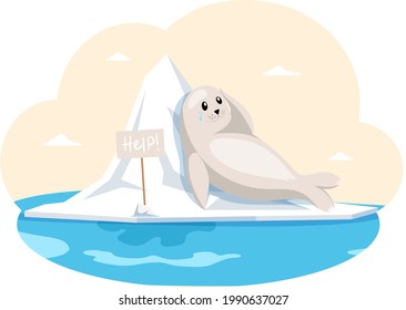 Small seal lies on ice floe and relax. Wild animal crying need help, resting on glacier in antarctica. Mammal living in arctic. Seal lies sideways on iceberg. Northern animal spends time in habitat