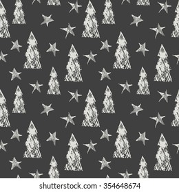 Small seamless Christmas pattern - varied Xmas trees and stars. Winter forest illustration. Vector design for winter holidays on white background.Background in the Scandinavian style.