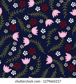 small seamless flowers pattern on navy background