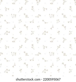 Small seamless pattern with dried flowers. Vector botanical illustration. Beige and white. Monochromatic background. Natural tones. Engraving style. 