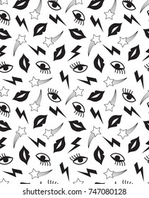 Small seamless pattern with mouth, eyes, lightning and shooting star. In black and white colors.
