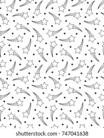Small seamless pattern with shooting stars in black and white.