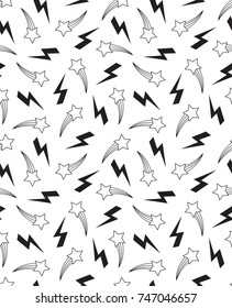 Small seamless pattern with shooting stars and lightning, in black and white.