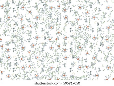 Small Seamless Pattern with Tiny Flowers in Liberty Style. Retro Ditsy Texture for Feminine Fabric, Textile, Paper, Wrapping. Vintage Ornament for Dress, Cloth, Curtains. Small Flowers on White