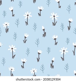 Small seamless pattern white flowers on a blue background. Floral background for women`s fabrics. Flat vector illustration.