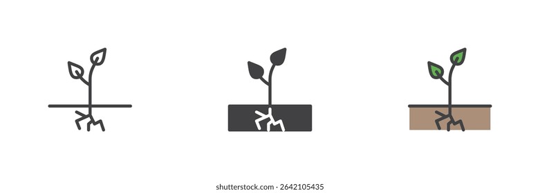 Small seedling growing from soil in line, solid and colorful filled outline icon style. Vector plant icon set symbolizing early growth and agriculture.