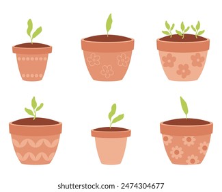 Pequeños brotes de plántulas en una colección de garabatos de macetas. Ilustración vectorial dibujada a mano aislada sobre fondo blanco.