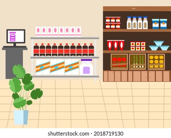 Small self-service store, with various products, such as soft drinks, toilet paper, vegetables, fruits, yogurt, on display shelves
