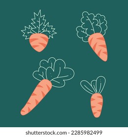 Small set of 4 carrots. Doodle vector color illustration.