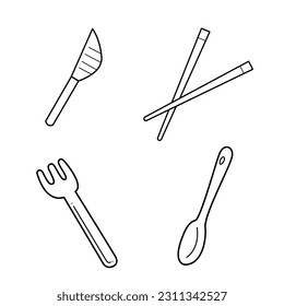 A small set of 4 different plastic cutlery. Doodle black and white vector illustration.