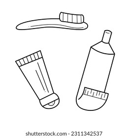 A small set of 4 different plastic cutlery. Doodle black and white vector illustration.