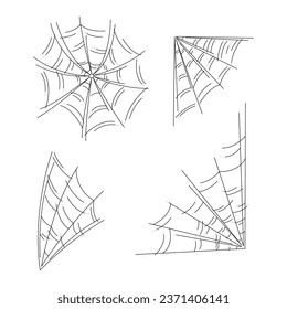 Small set with 4 spider webs as a symbol of Halloween. Black and white doodle vector illustration.