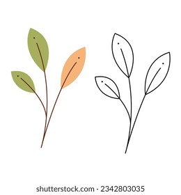 Un pequeño conjunto con una rama otoñal abstracta con hojas. Ilustración vectorial de clipart en blanco y negro y en color.