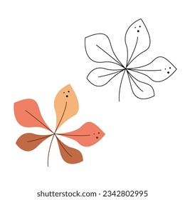 Small set with abstract autumn chestnut leaf. Black and white and color clipart vector illustration.