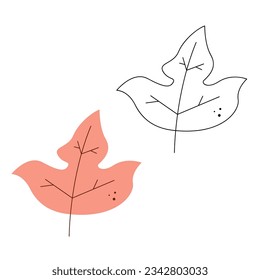 Pequeño conjunto con hoja de otoño abstracta de una forma interesante. Ilustración vectorial de clipart en blanco y negro y en color.